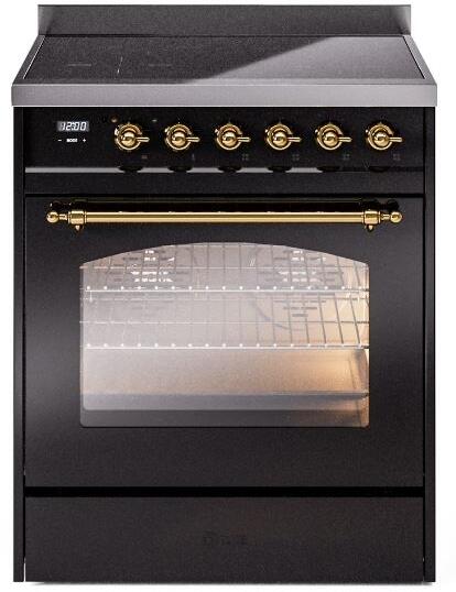 ILVE Nostalgie II 30" Electric Range, Glossy Black, Brass Trim UPI304NMPBKG
