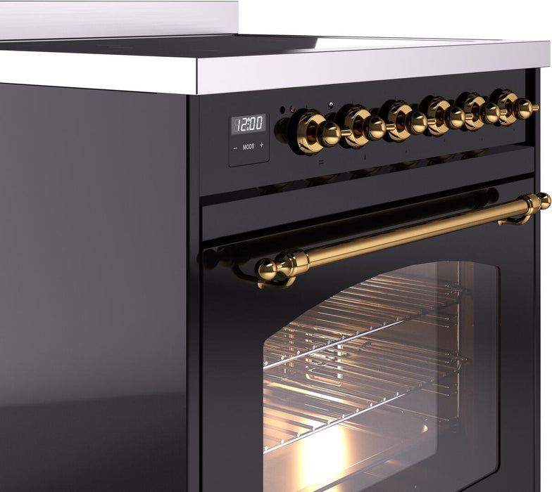 ILVE Nostalgie II 30" Electric Range, Glossy Black, Brass Trim UPI304NMPBKG