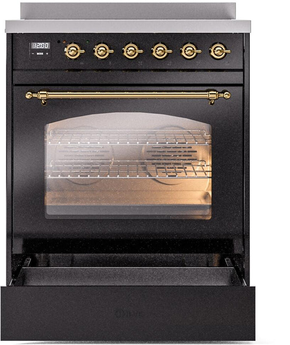 ILVE Nostalgie II 30" Electric Range, Glossy Black, Brass Trim UPI304NMPBKG