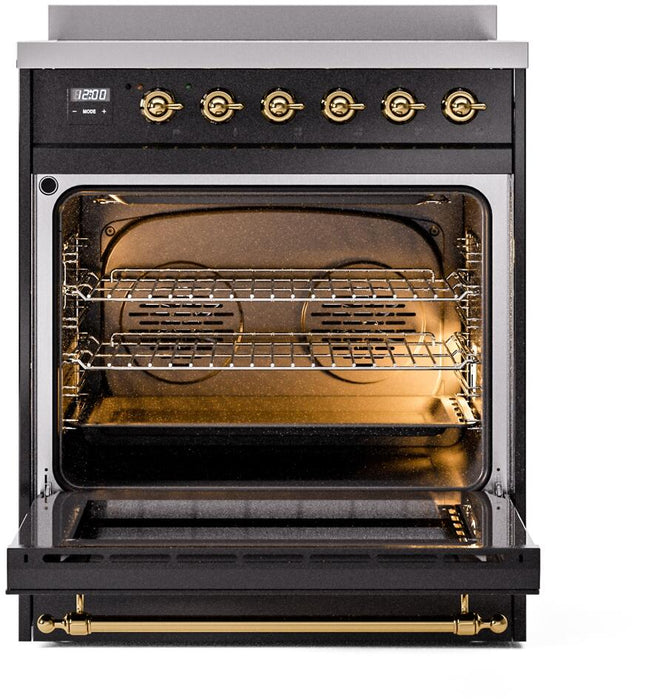 ILVE Nostalgie II 30" Electric Range, Glossy Black, Brass Trim UPI304NMPBKG