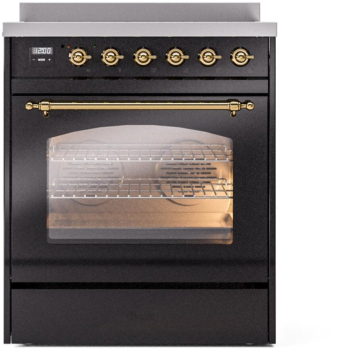 ILVE Nostalgie II 30" Electric Range, Glossy Black, Brass Trim UPI304NMPBKG