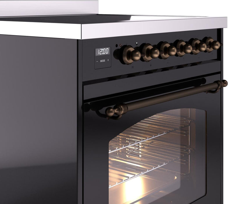 ILVE Nostalgie II 30" Electric Range, Glossy Black, Bronze Trim UPI304NMPBKB