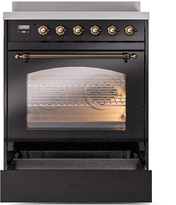 ILVE Nostalgie II 30" Electric Range, Glossy Black, Bronze Trim UPI304NMPBKB
