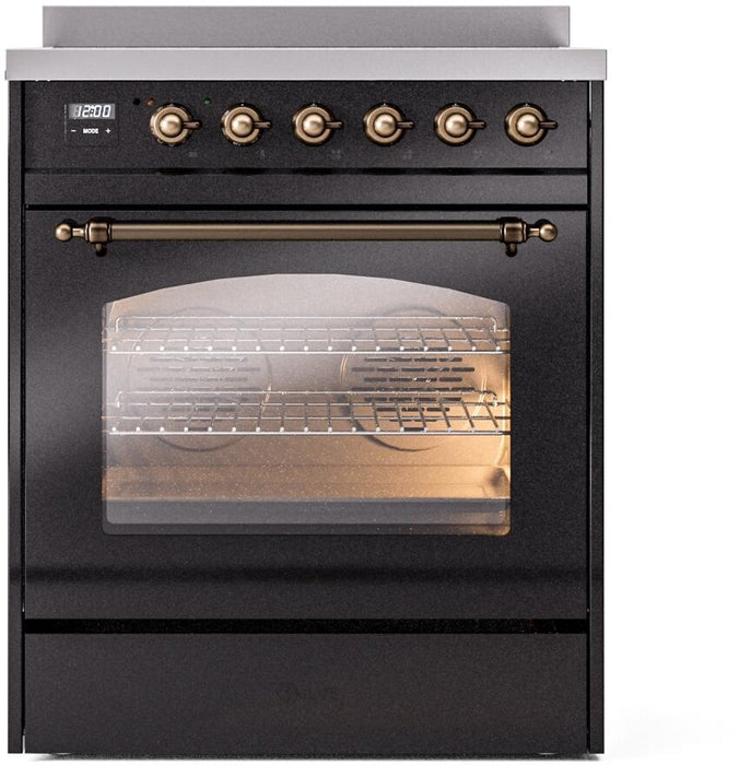 ILVE Nostalgie II 30" Electric Range, Glossy Black, Bronze Trim UPI304NMPBKB