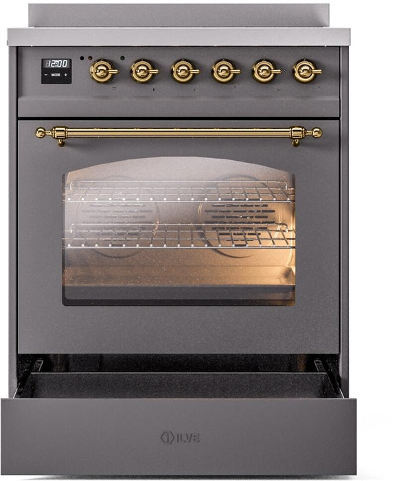 ILVE Nostalgie II 30" Electric Range, Matte Graphite, Brass Trim UPI304NMPMGG