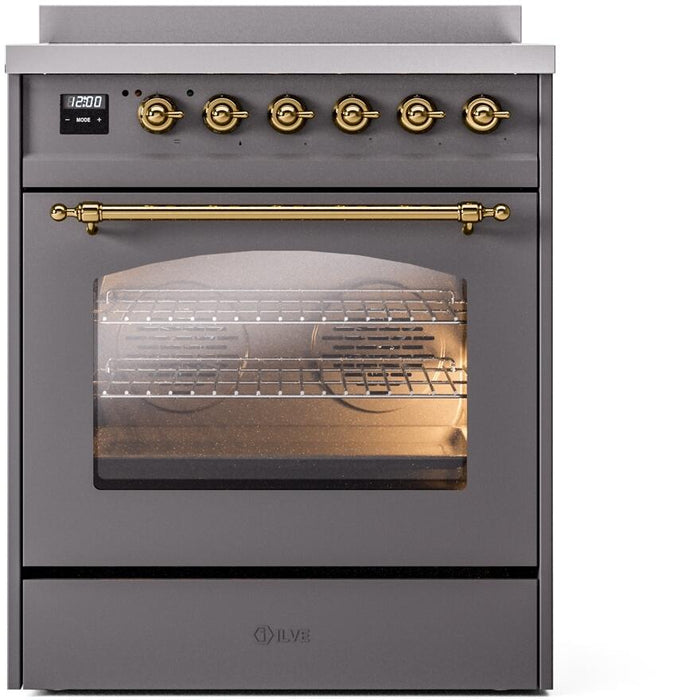 ILVE Nostalgie II 30" Electric Range, Matte Graphite, Brass Trim UPI304NMPMGG