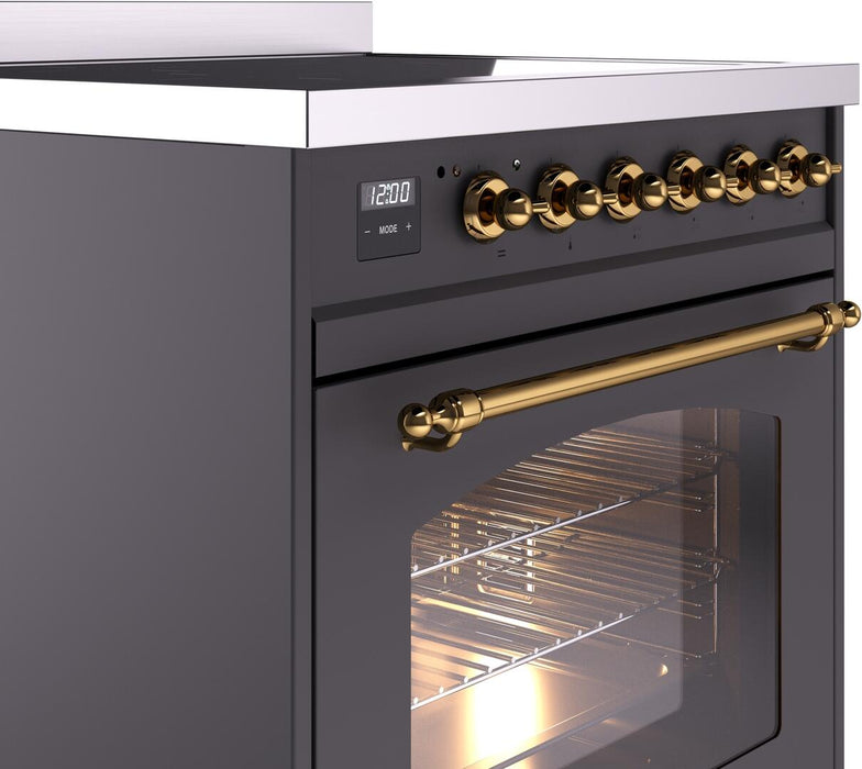 ILVE Nostalgie II 30" Electric Range, Matte Graphite, Brass Trim UPI304NMPMGG
