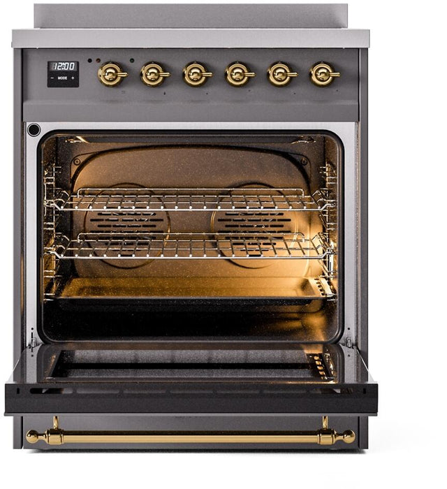 ILVE Nostalgie II 30" Electric Range, Matte Graphite, Brass Trim UPI304NMPMGG