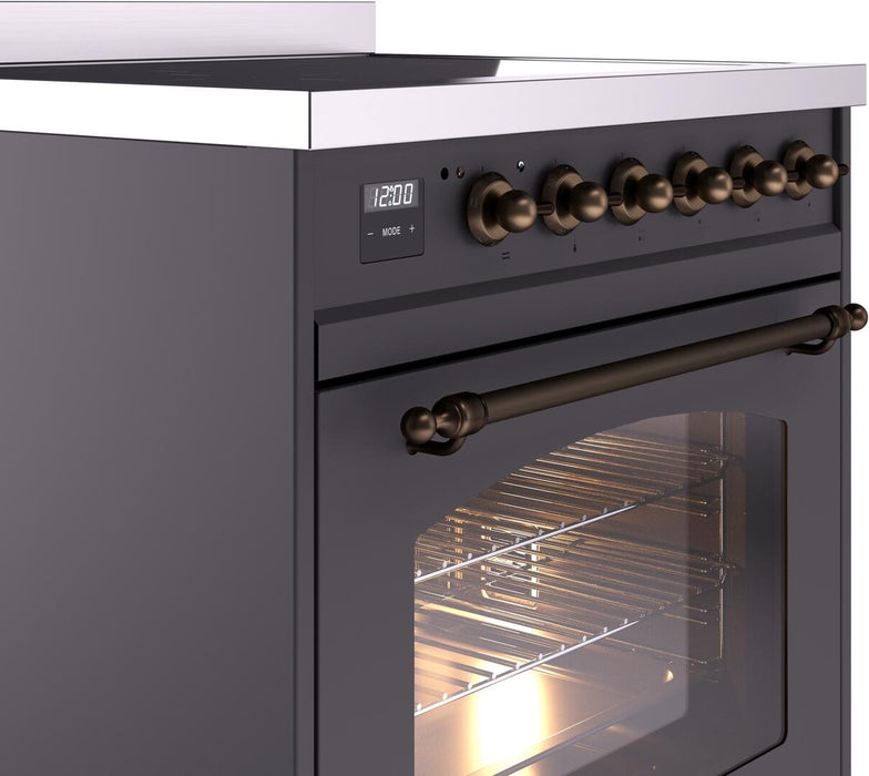 ILVE Nostalgie II 30" Electric Range, Matte Graphite, Bronze Trim UPI304NMPMGB