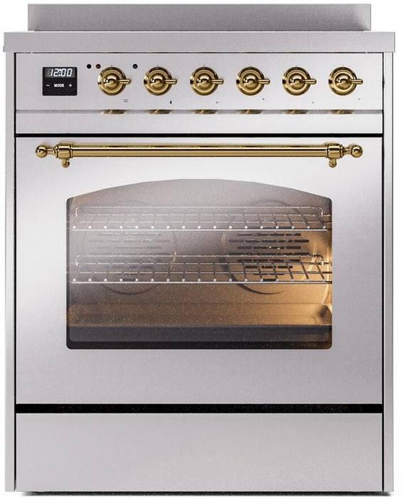 ILVE Nostalgie II 30" Electric Range, Stainless Steel, Brass Trim UPI304NMPSSG