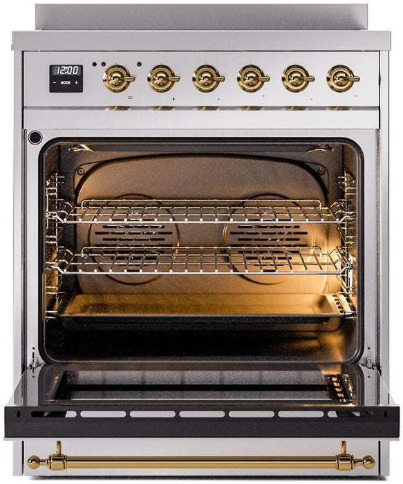 ILVE Nostalgie II 30" Electric Range, Stainless Steel, Brass Trim UPI304NMPSSG