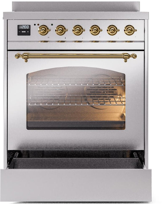 ILVE Nostalgie II 30" Electric Range, Stainless Steel, Brass Trim UPI304NMPSSG