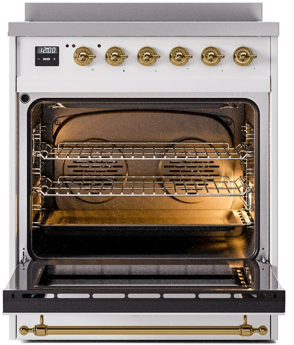 ILVE Nostalgie II 30" Electric Range, White, Brass Trim UPI304NMPWHG