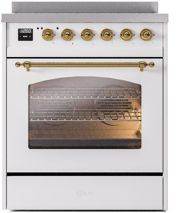 ILVE Nostalgie II 30" Electric Range, White, Brass Trim UPI304NMPWHG