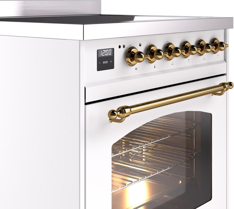 ILVE Nostalgie II 30" Electric Range, White, Brass Trim UPI304NMPWHG