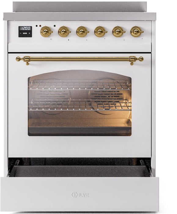 ILVE Nostalgie II 30" Electric Range, White, Brass Trim UPI304NMPWHG