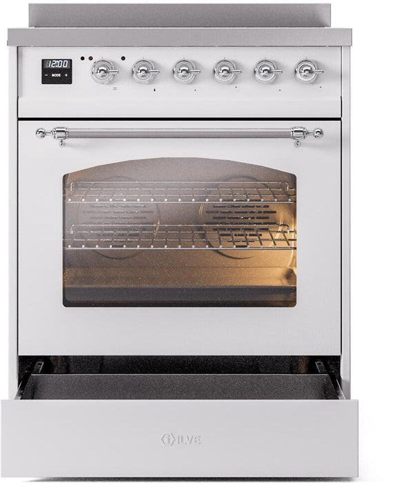 ILVE Nostalgie II 30" Electric Range, White, Chrome Trim UPI304NMPWHC