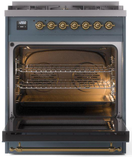 ILVE Nostalgie II 30 Inch Dual Fuel Natural Gas Freestanding Range in Blue Grey with Brass Trim UP30NMPBGG