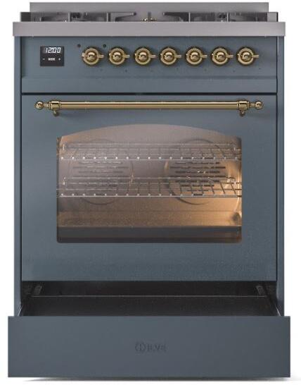 ILVE Nostalgie II 30 Inch Dual Fuel Natural Gas Freestanding Range in Blue Grey with Brass Trim UP30NMPBGG