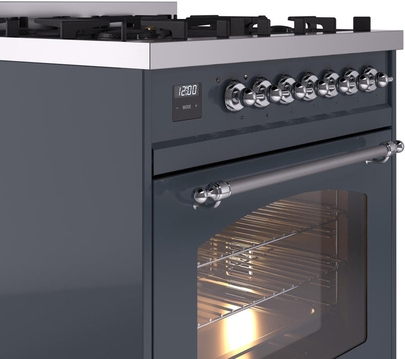 ILVE Nostalgie II 30 Inch Dual Fuel Natural Gas Freestanding Range in Blue Grey with Chrome Trim UP30NMPBGC