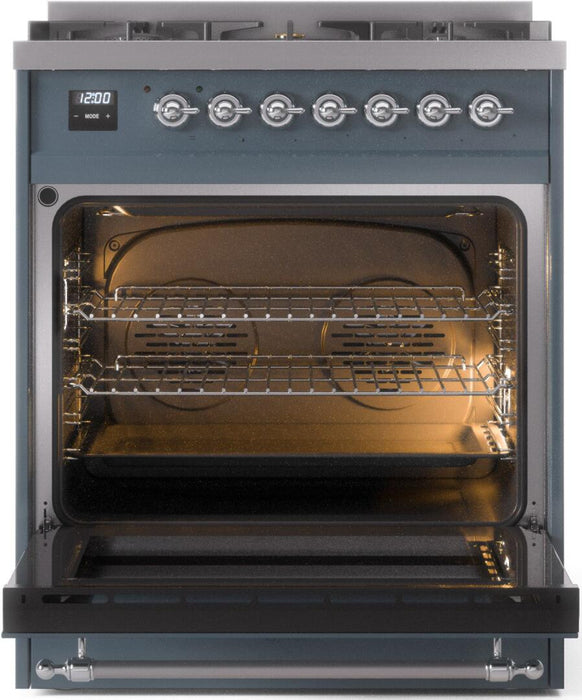 ILVE Nostalgie II 30 Inch Dual Fuel Natural Gas Freestanding Range in Blue Grey with Chrome Trim UP30NMPBGC