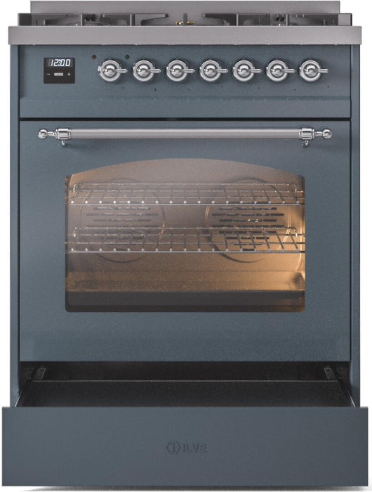 ILVE Nostalgie II 30 Inch Dual Fuel Natural Gas Freestanding Range in Blue Grey with Chrome Trim UP30NMPBGC