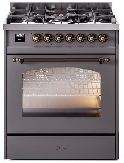 ILVE Nostalgie II 30 Inch Dual Fuel Natural Gas Freestanding Range in Matte Graphite with Bronze Trim UP30NMPMGB