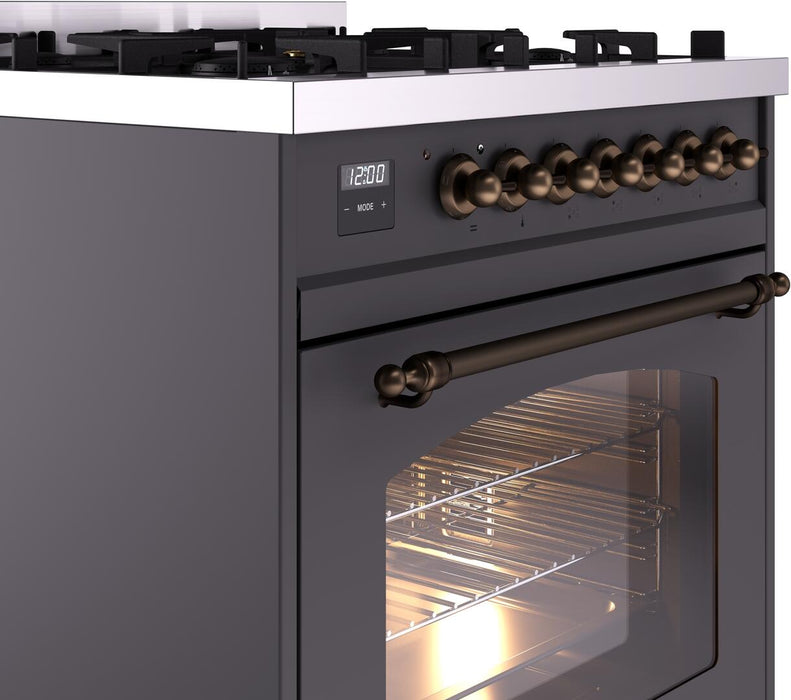 ILVE Nostalgie II 30 Inch Dual Fuel Natural Gas Freestanding Range in Matte Graphite with Bronze Trim UP30NMPMGB