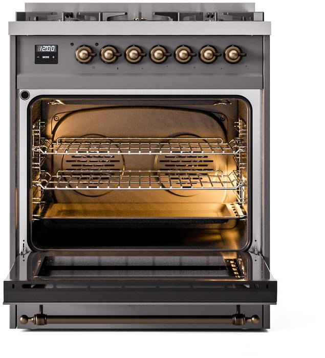 ILVE Nostalgie II 30 Inch Dual Fuel Natural Gas Freestanding Range in Matte Graphite with Bronze Trim UP30NMPMGB