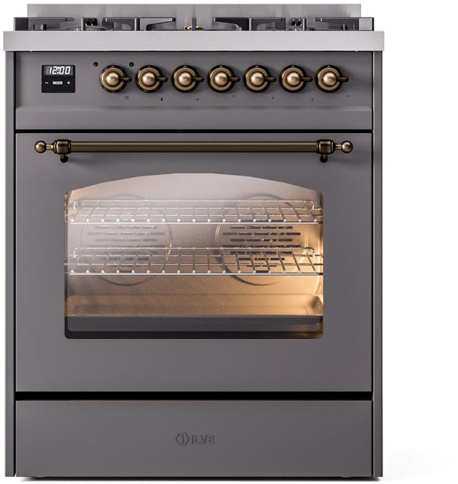 ILVE Nostalgie II 30 Inch Dual Fuel Natural Gas Freestanding Range in Matte Graphite with Bronze Trim UP30NMPMGB