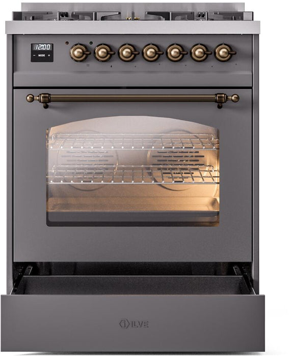 ILVE Nostalgie II 30 Inch Dual Fuel Natural Gas Freestanding Range in Matte Graphite with Bronze Trim UP30NMPMGB