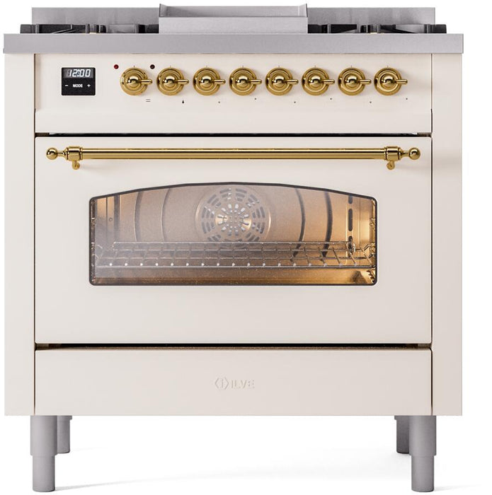 ILVE Nostalgie II 36" Dual Fuel Liquid Propane Range, Antique White, Brass Trim UP36FNMPAWGLP