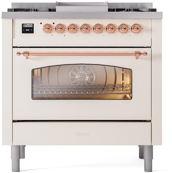 ILVE Nostalgie II 36" Dual Fuel Liquid Propane Range, Antique White, Copper Trim UP36FNMPAWPLP