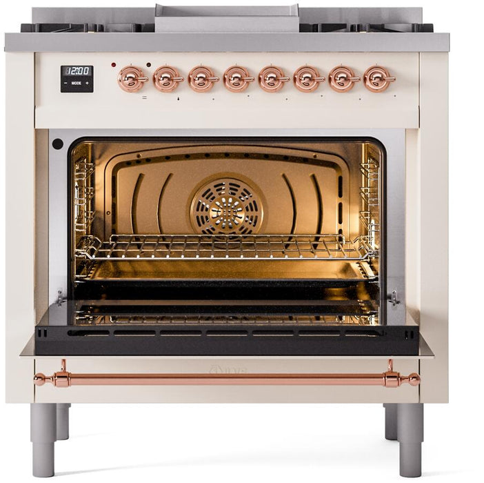 ILVE Nostalgie II 36" Dual Fuel Liquid Propane Range, Antique White, Copper Trim UP36FNMPAWPLP