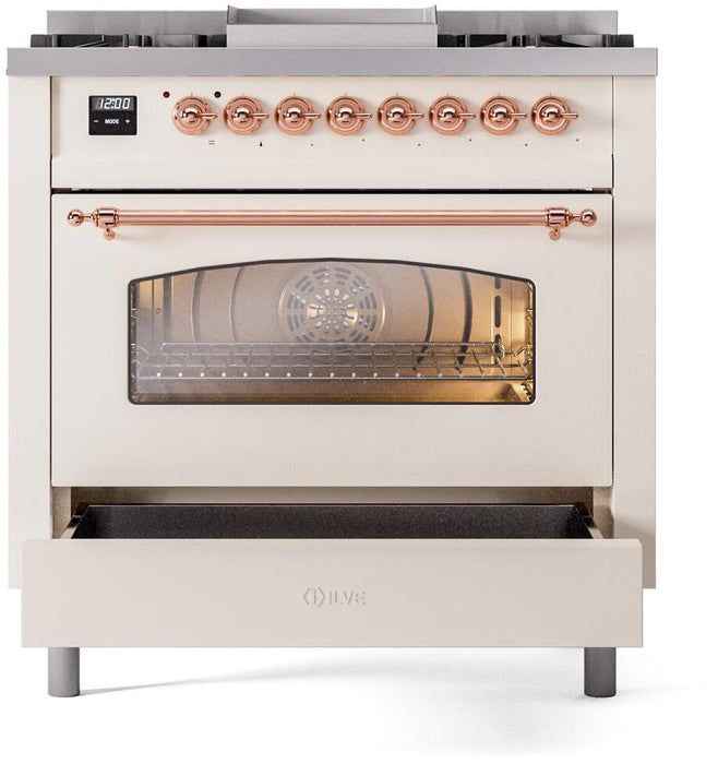 ILVE Nostalgie II 36" Dual Fuel Liquid Propane Range, Antique White, Copper Trim UP36FNMPAWPLP