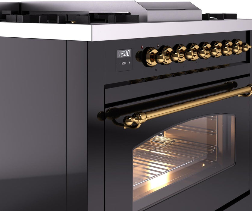 ILVE Nostalgie II 36" Dual Fuel Liquid Propane Range, Glossy Black , Brass Trim UP36FNMPBKGLP
