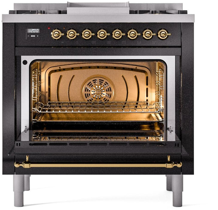 ILVE Nostalgie II 36" Dual Fuel Liquid Propane Range, Glossy Black , Brass Trim UP36FNMPBKGLP