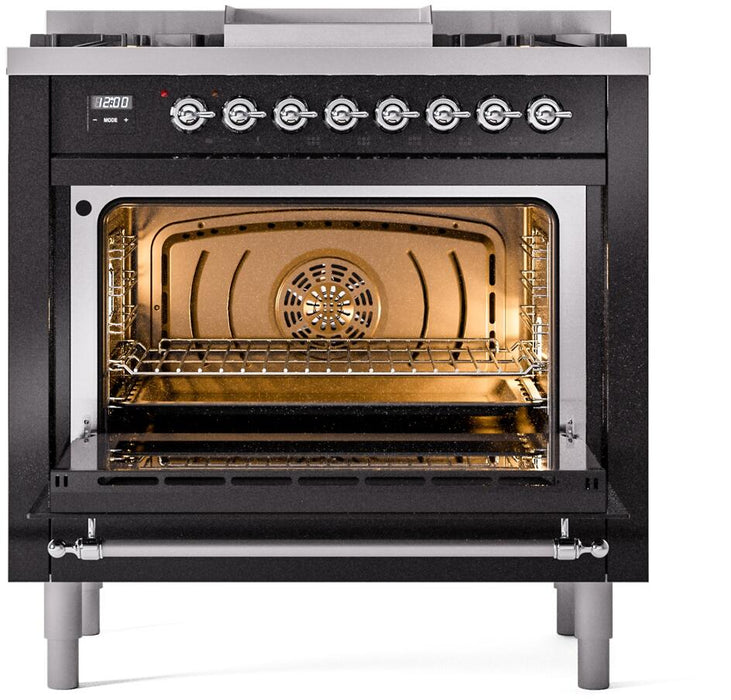 ILVE Nostalgie II 36" Dual Fuel Liquid Propane Range, Glossy Black, Chrome Trim UP36FNMPBKCLP