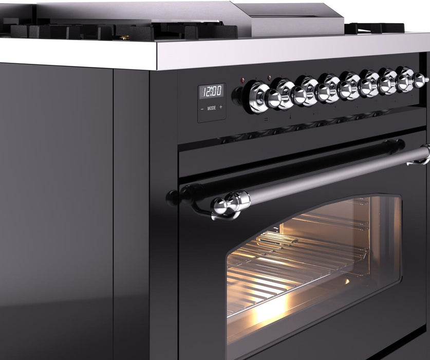 ILVE Nostalgie II 36" Dual Fuel Liquid Propane Range, Glossy Black, Chrome Trim UP36FNMPBKCLP
