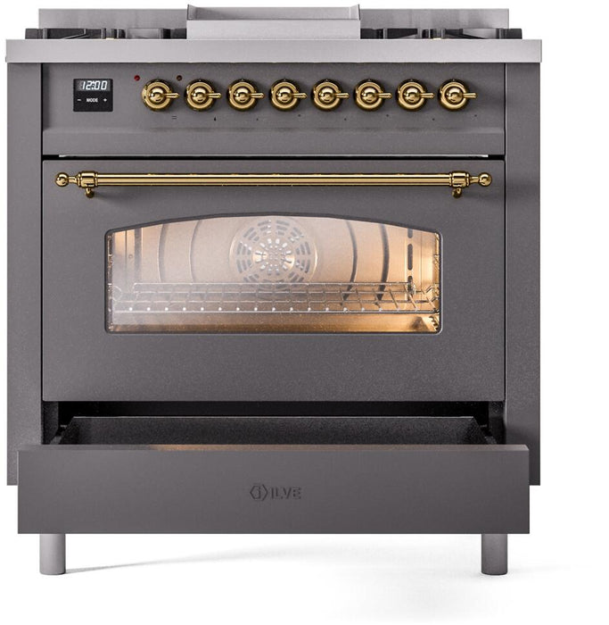 ILVE Nostalgie II 36" Dual Fuel Liquid Propane Range, Matte Graphite, Brass Trim UP36FNMPMGGLP