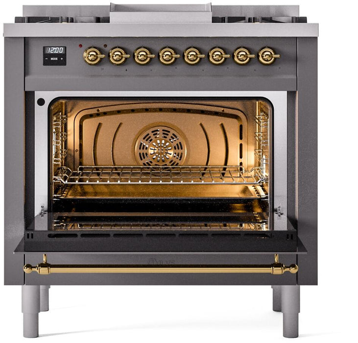 ILVE Nostalgie II 36" Dual Fuel Liquid Propane Range, Matte Graphite, Brass Trim UP36FNMPMGGLP