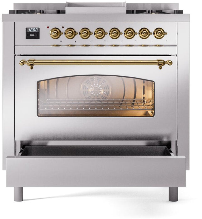 ILVE Nostalgie II 36" Dual Fuel Liquid Propane Range, Stainless Steel , Brass Trim UP36FNMPSSGLP