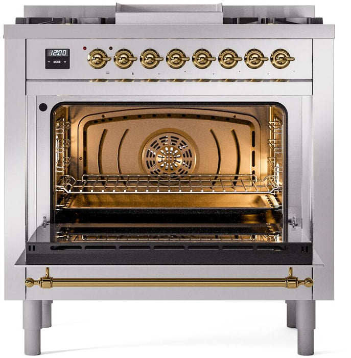 ILVE Nostalgie II 36" Dual Fuel Liquid Propane Range, Stainless Steel , Brass Trim UP36FNMPSSGLP