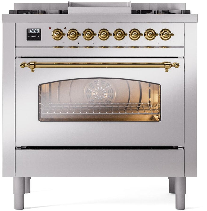 ILVE Nostalgie II 36" Dual Fuel Liquid Propane Range, Stainless Steel , Brass Trim UP36FNMPSSGLP