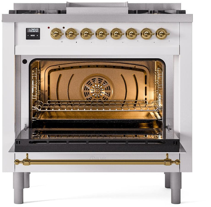 ILVE Nostalgie II 36" Dual Fuel Liquid Propane Range, White, Brass Trim UP36FNMPWHGLP