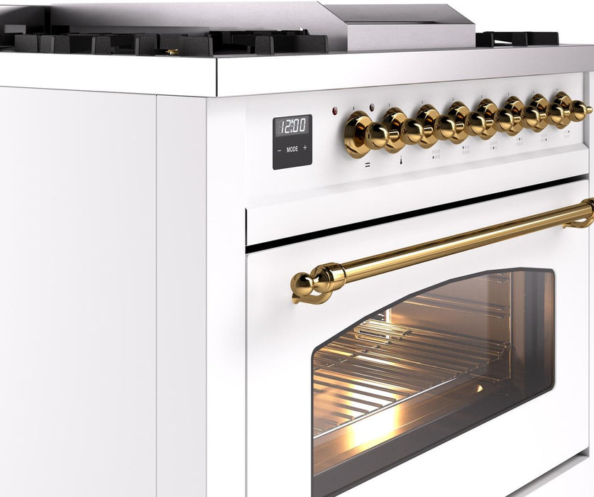 ILVE Nostalgie II 36" Dual Fuel Liquid Propane Range, White, Brass Trim UP36FNMPWHGLP
