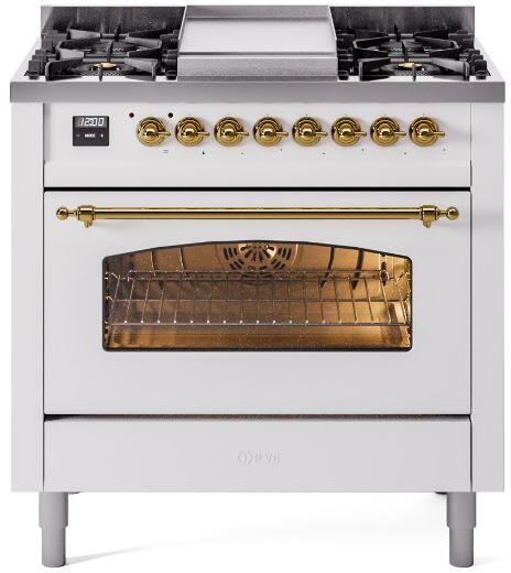 ILVE Nostalgie II 36" Dual Fuel Liquid Propane Range, White, Brass Trim UP36FNMPWHGLP
