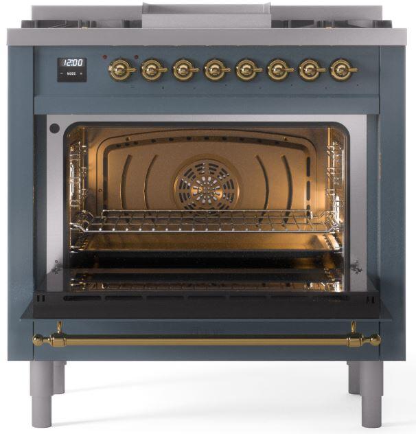 ILVE Nostalgie II 36 " Dual Fuel Natural Gas Freestanding Range in Blue Grey with Brass Trim, UP36FNMPBGG