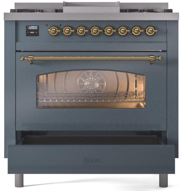ILVE Nostalgie II 36 " Dual Fuel Natural Gas Freestanding Range in Blue Grey with Brass Trim, UP36FNMPBGG