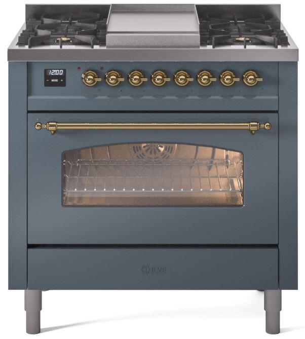 ILVE Nostalgie II 36 " Dual Fuel Natural Gas Freestanding Range in Blue Grey with Brass Trim, UP36FNMPBGG